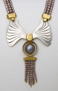 Ann's commissiond winged necklace in silver and gold with pink pearls